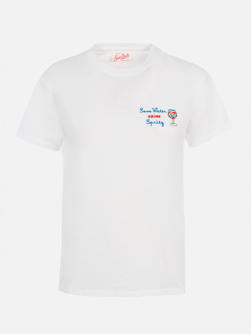 T-shirt girocollo in jersey di cotone da donna Emilie con ricamo Save water, Drink spritz