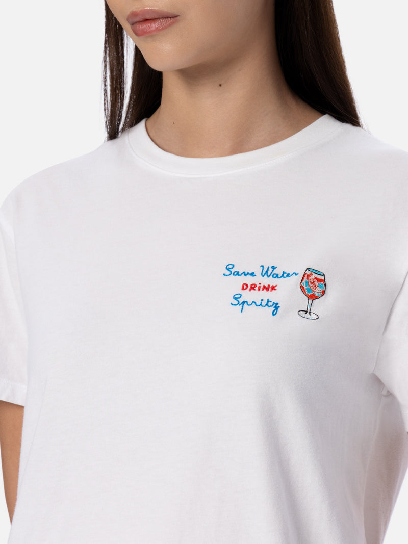 T-shirt girocollo in jersey di cotone da donna Emilie con ricamo Save water, Drink spritz