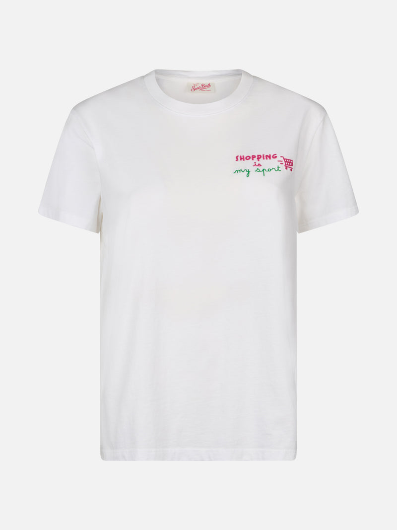 Damen-T-Shirt Emilie aus Baumwolljersey mit Rundhalsausschnitt und „Shopping is my Sport“-Stickerei