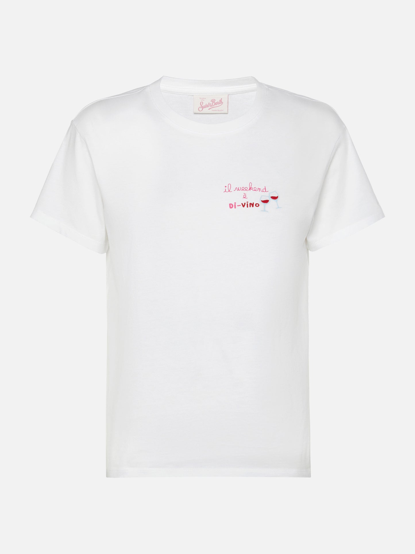 Emilie t-shirt in cotone con ricamo Il week-end è di-vino
