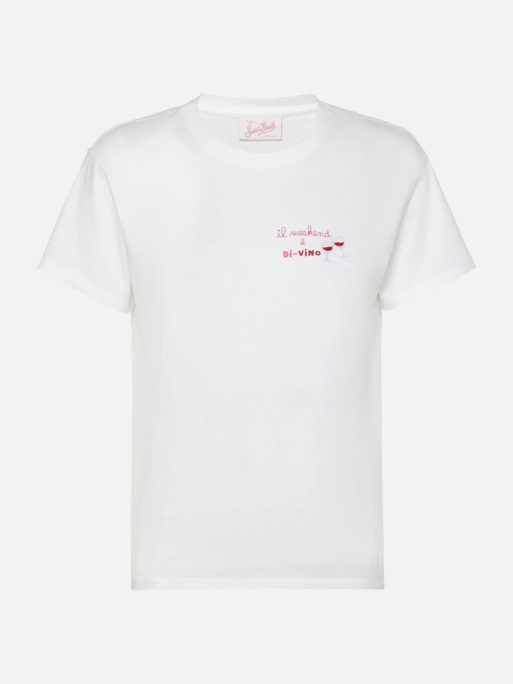 Emilie t-shirt in cotone con ricamo Il week-end è di-vino
