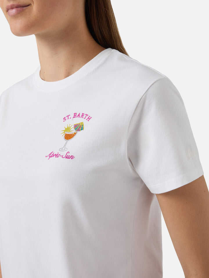 T-shirt Emilie bianca con ricamo Après-Sun e strass