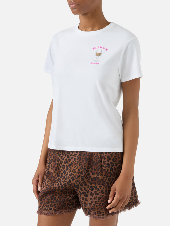 T-shirt Emilie bianca con ricamo Bollicine Queen e strass