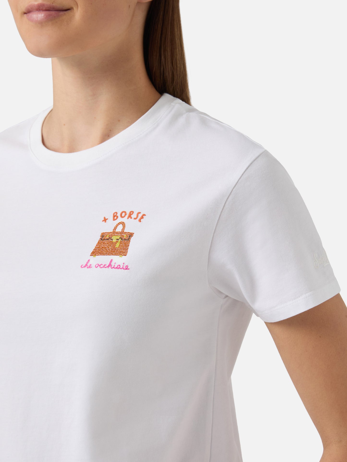 White Emilie T-shirt with + Borse che occhiaie embroidery and rhinestones