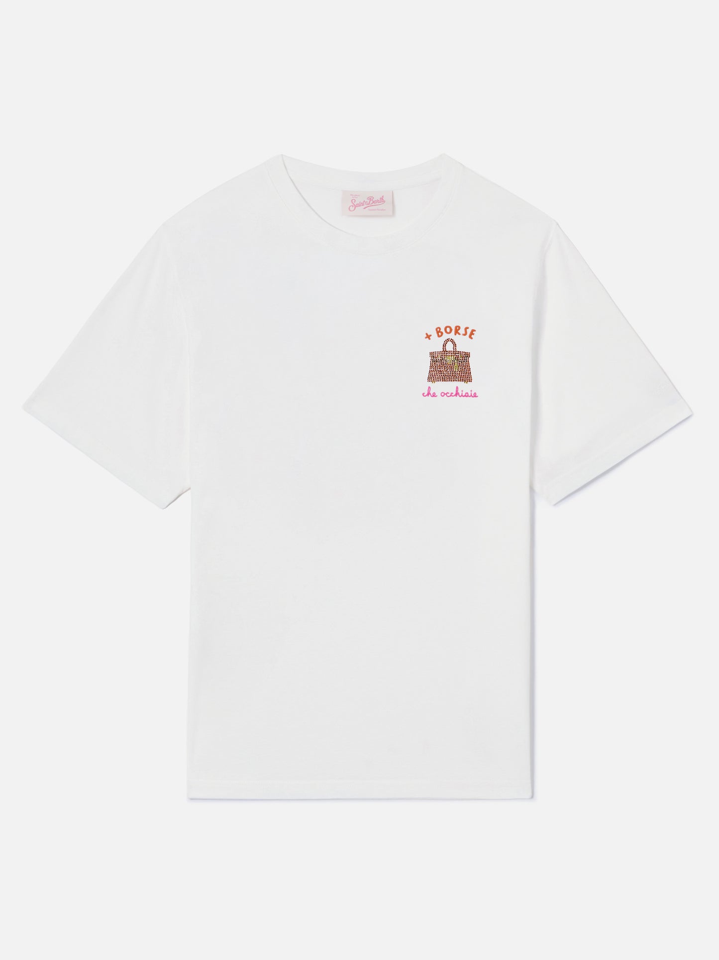 White Emilie T-shirt with + Borse che occhiaie embroidery and rhinestones