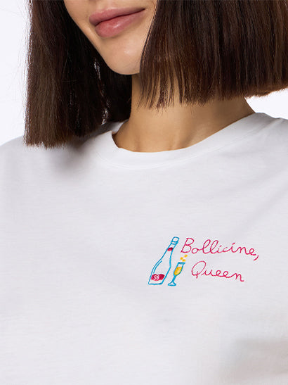 Weißes Damen-T-Shirt Emilie aus Baumwolljersey mit Rundhalsausschnitt und Stickerei „Bollicine Queen“