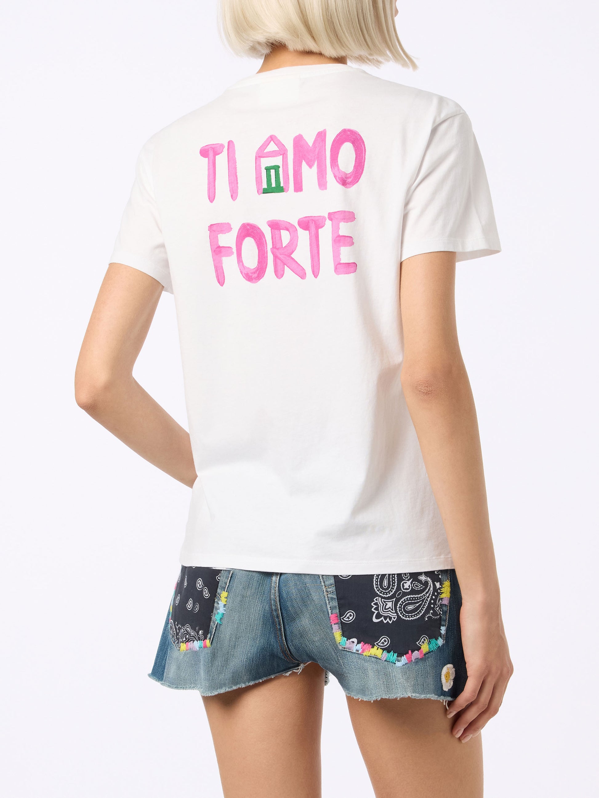 Woman cotton jersey crewneck t-shirt Emilie with Amo Forte print | ALLE BOE SPECIAL EDITION - MC2 Saint Barth