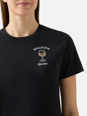 Emilie cotton T-shirt in black with Bollicine Queen rhinestone appliqué