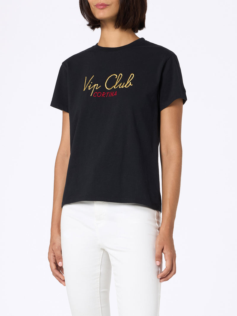 Woman heavy cotton black t-shirt Emilie with Vip Club Cortina embroidery | VIP CLUB CORTINA SPECIAL EDITION