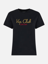 Woman heavy cotton black t-shirt Emilie with Vip Club Cortina embroidery | VIP CLUB CORTINA SPECIAL EDITION