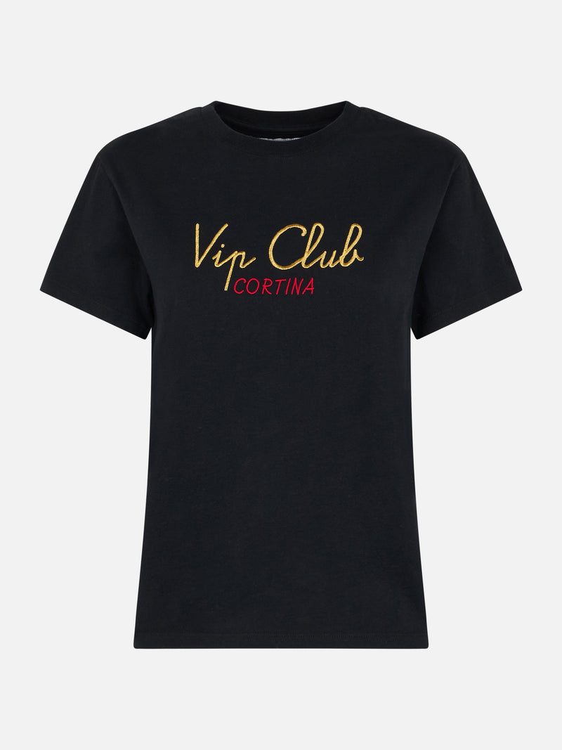 Woman heavy cotton black t-shirt Emilie with Vip Club Cortina embroidery | VIP CLUB CORTINA SPECIAL EDITION