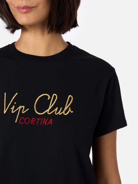 Woman heavy cotton black t-shirt Emilie with Vip Club Cortina embroidery | VIP CLUB CORTINA SPECIAL EDITION
