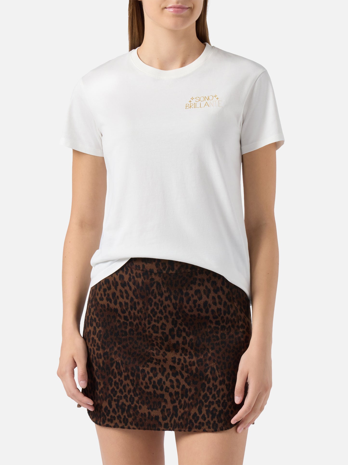 T-shirt Emilie in cotone bianco con ricamo lurex Sono Brillante