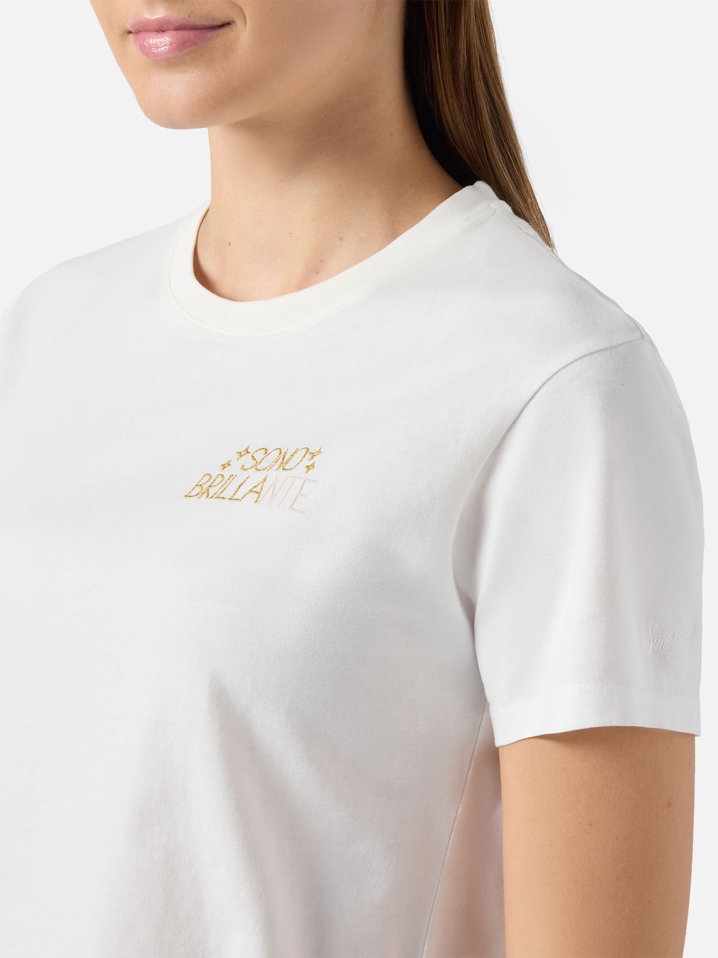 T-shirt Emilie in cotone bianco con ricamo lurex Sono Brillante