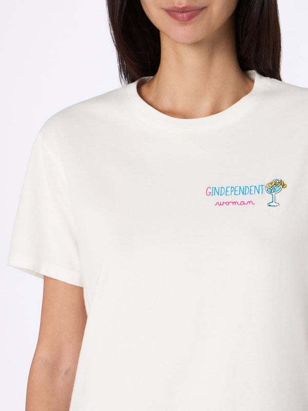 Woman white heavy cotton t-shirt Emilie with Gindependent woman embroidery