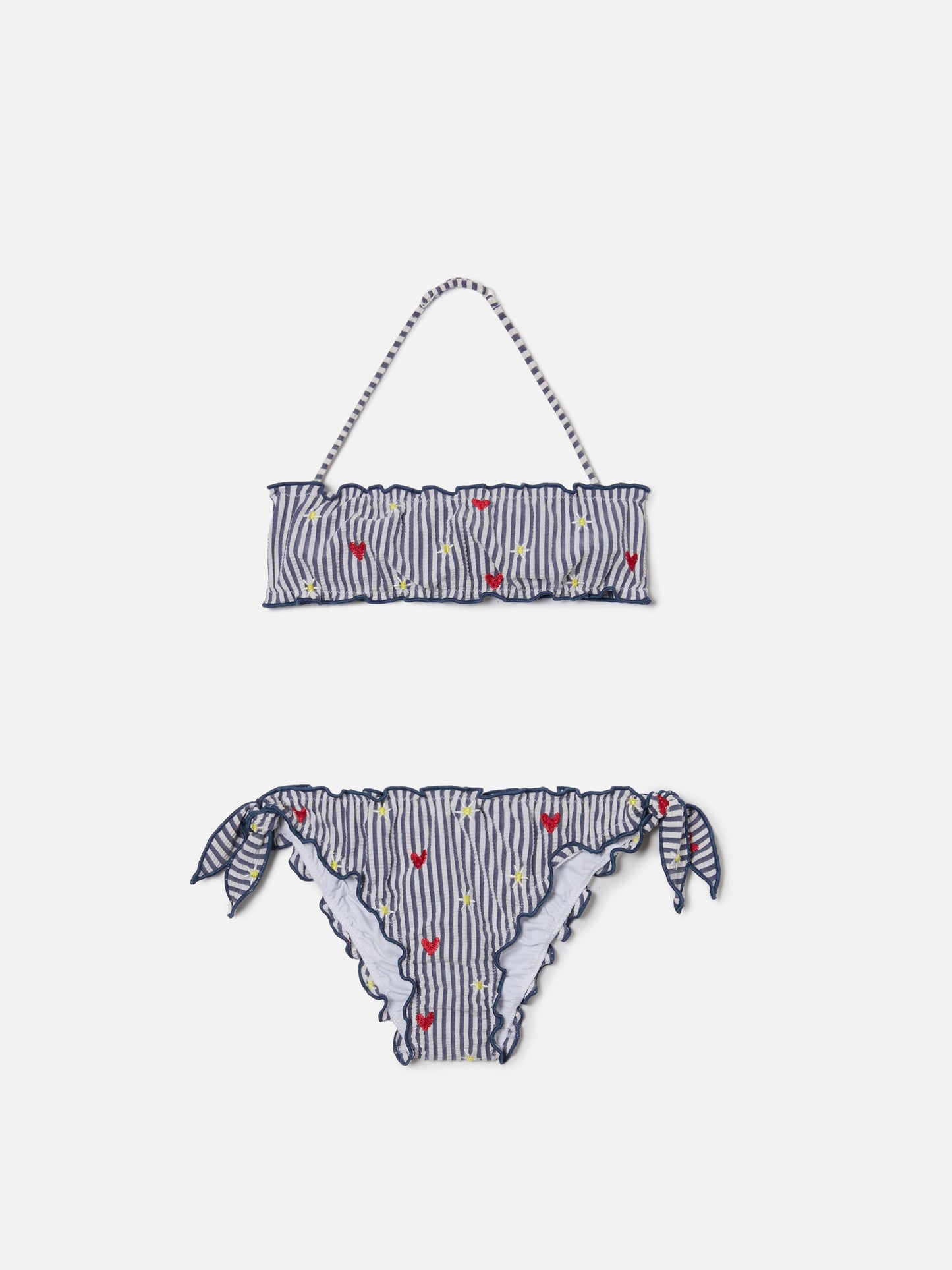 Bikini Emy bianco e navy in seersucker a righe con ricami
