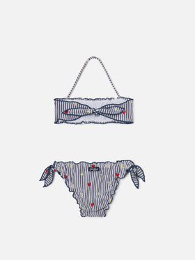Bikini Emy bianco e navy in seersucker a righe con ricami