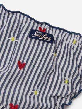 Bikini Emy bianco e navy in seersucker a righe con ricami