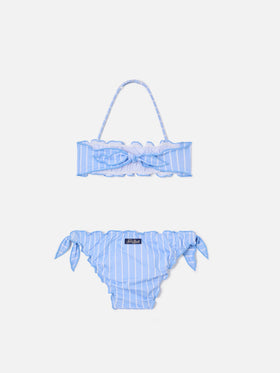 Bikini Emy de rayas azul claro y blanco con bordes con volantes 