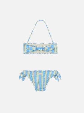 Emy white, light blue and green striped bikini with ruffled edges