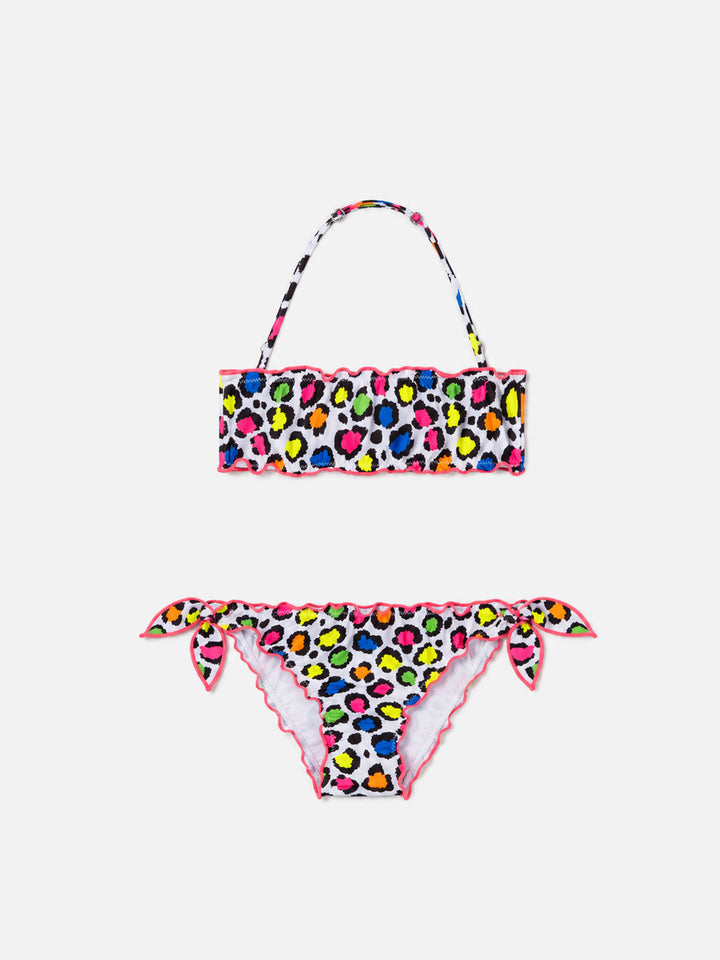 Bikini da bambina a fascia con stampa leopardata