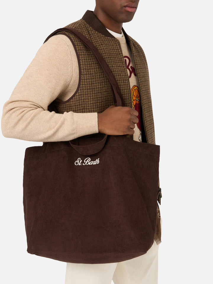 Braune Essential Cordtasche tote mit Logo-Stickerei 
