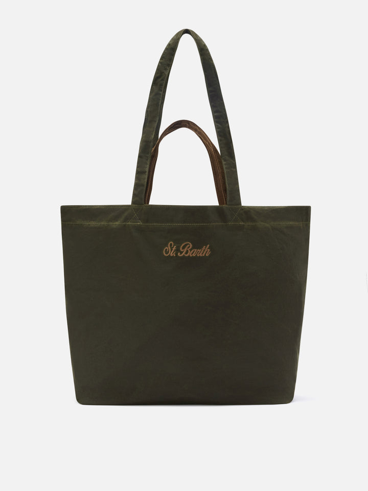 Military green Essential waxed tote bag with logo embroidery
