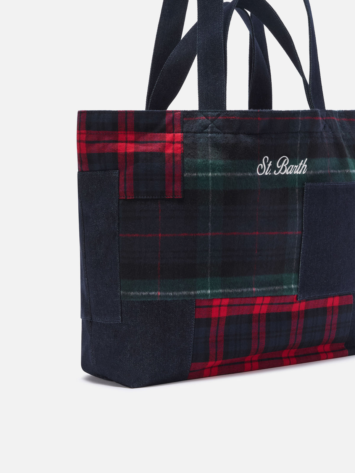 Essential tote bag with patchwork denim and tartan