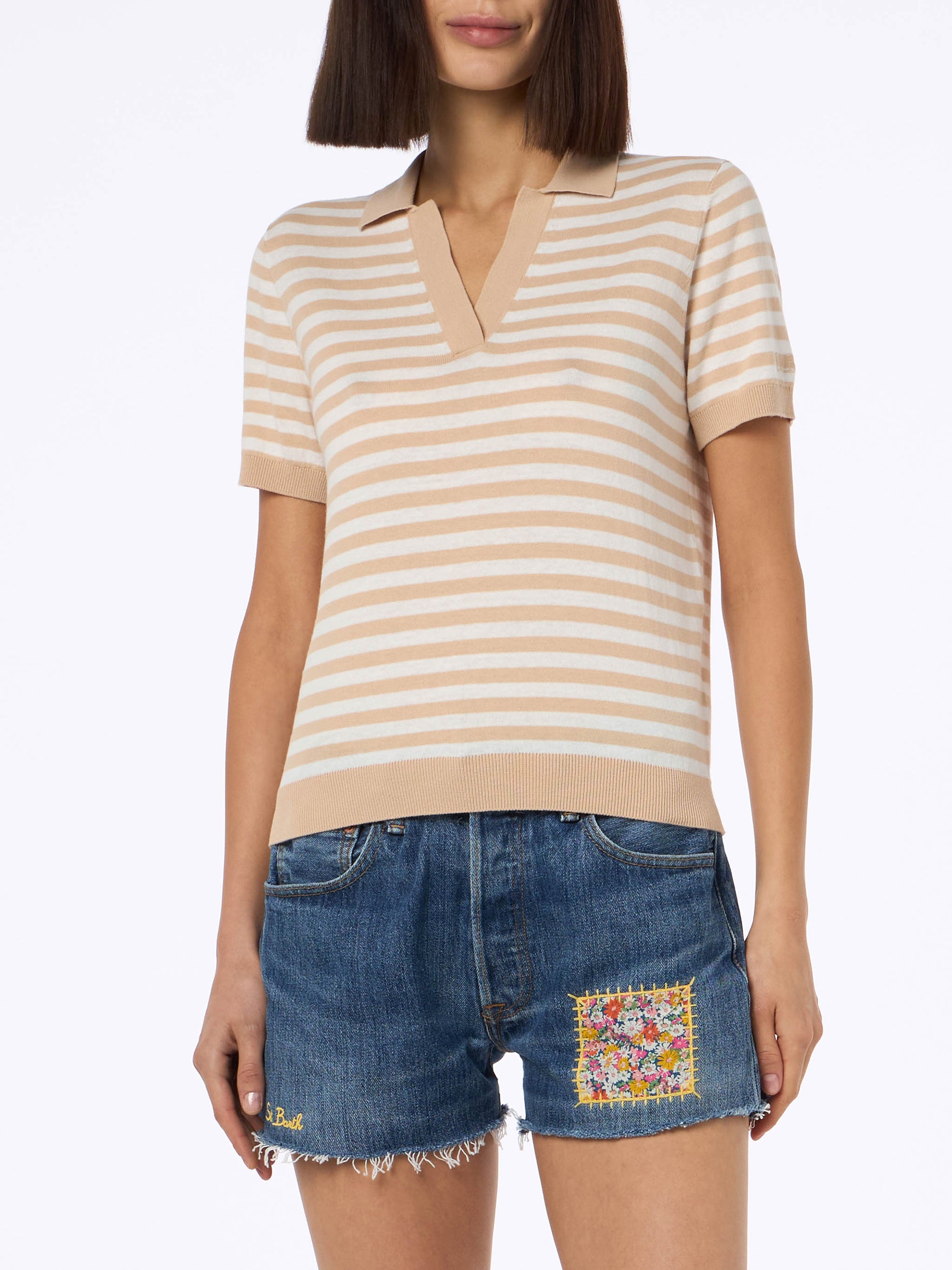 Woman beige striped knitted polo Evonne - MC2 Saint Barth