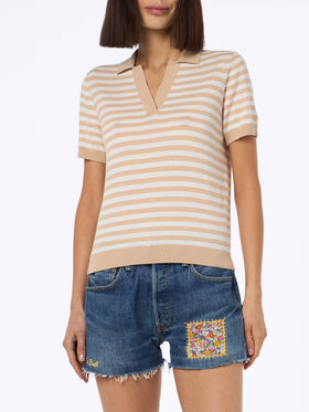 Woman beige striped knitted polo Evonne - MC2 Saint Barth