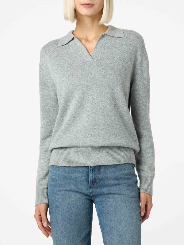 Grauer Melange-Pullover Eze für Damen mit Polokragen