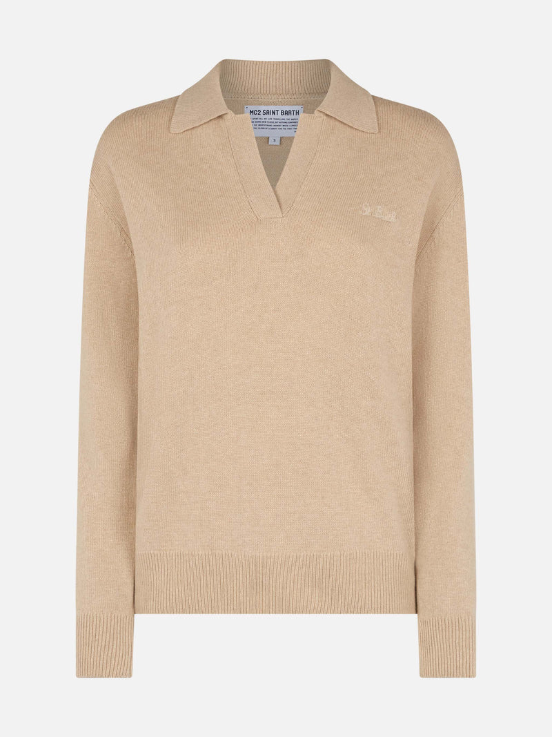 Maglione da donna beige Eze con collo polo