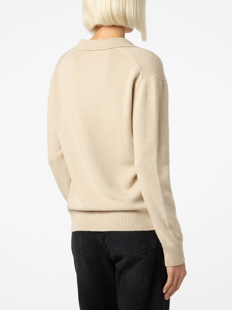 Woman beige cashmere blend sweater Eze with polo collar