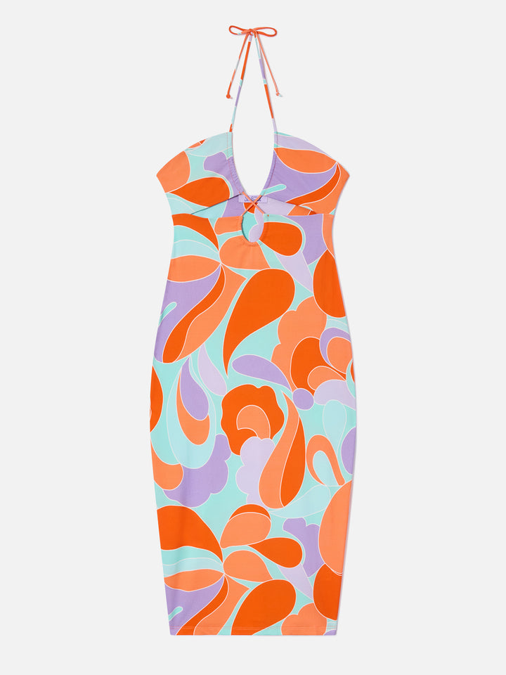 Longuette-Kleid mit Cut-out und Wellenprint Farah