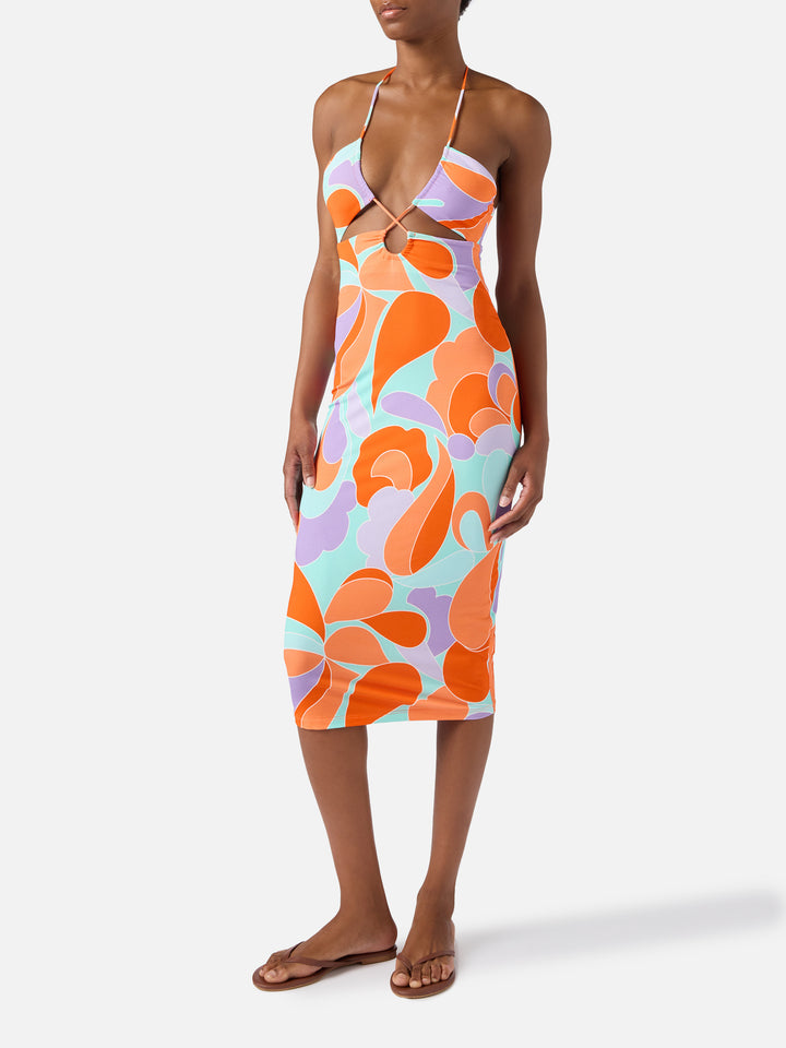 Abito longuette cut cut con stampa ad onde
