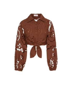 Febe camel brown cotton Sangallo lace shirt