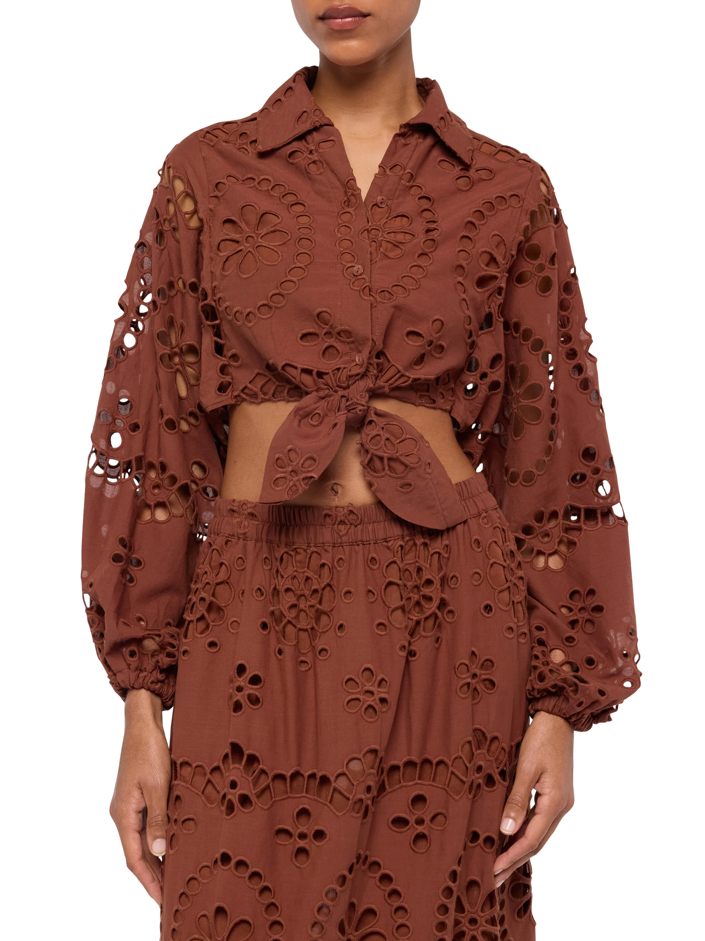 Febe camel brown cotton Sangallo lace shirt