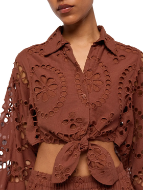 Febe camel brown cotton Sangallo lace shirt