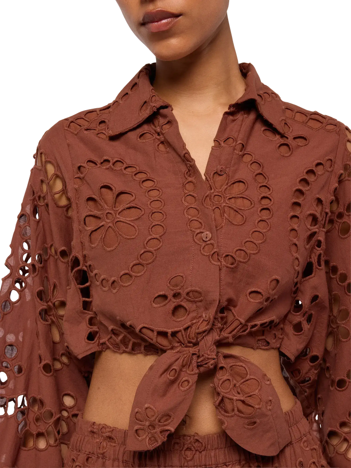 Febe camel brown cotton Sangallo lace shirt