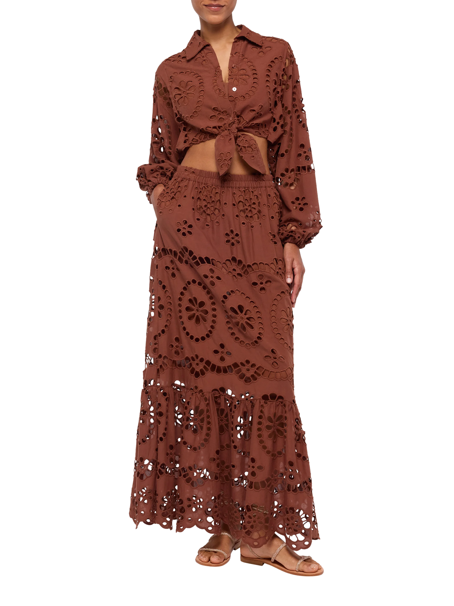Febe camel brown cotton Sangallo lace shirt