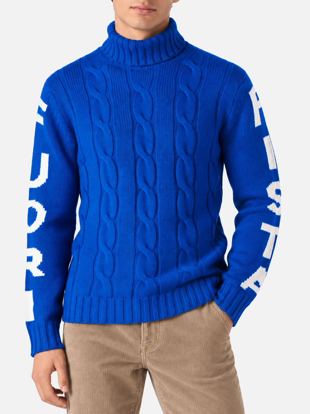Jersey de cuello alto con punto trenzado estilo fisherman y jacquard Fuori pista azul 