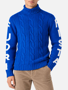 Jersey de cuello alto con punto trenzado estilo fisherman y jacquard Fuori pista azul 