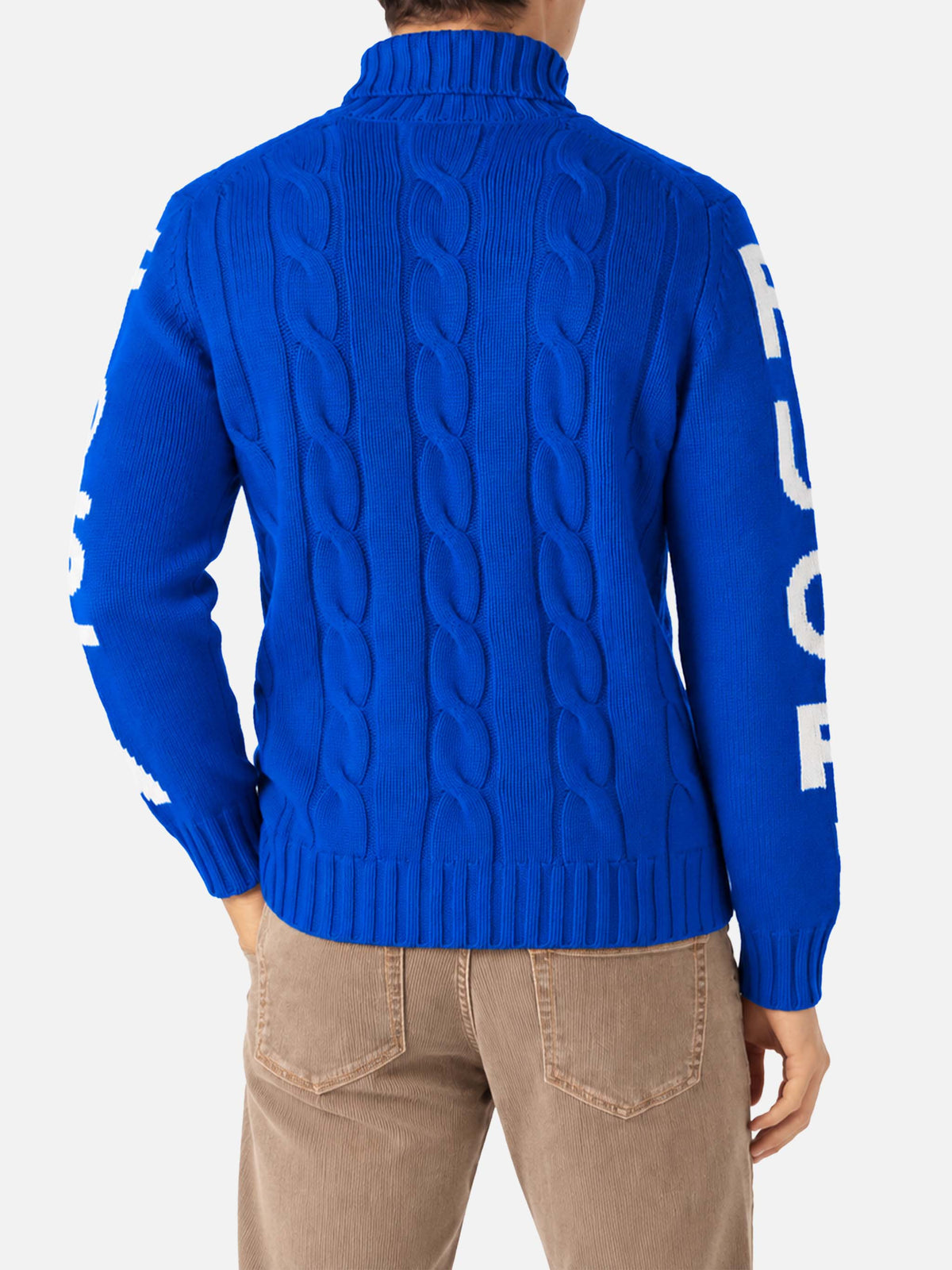 Jersey de cuello alto con punto trenzado estilo fisherman y jacquard Fuori pista azul 