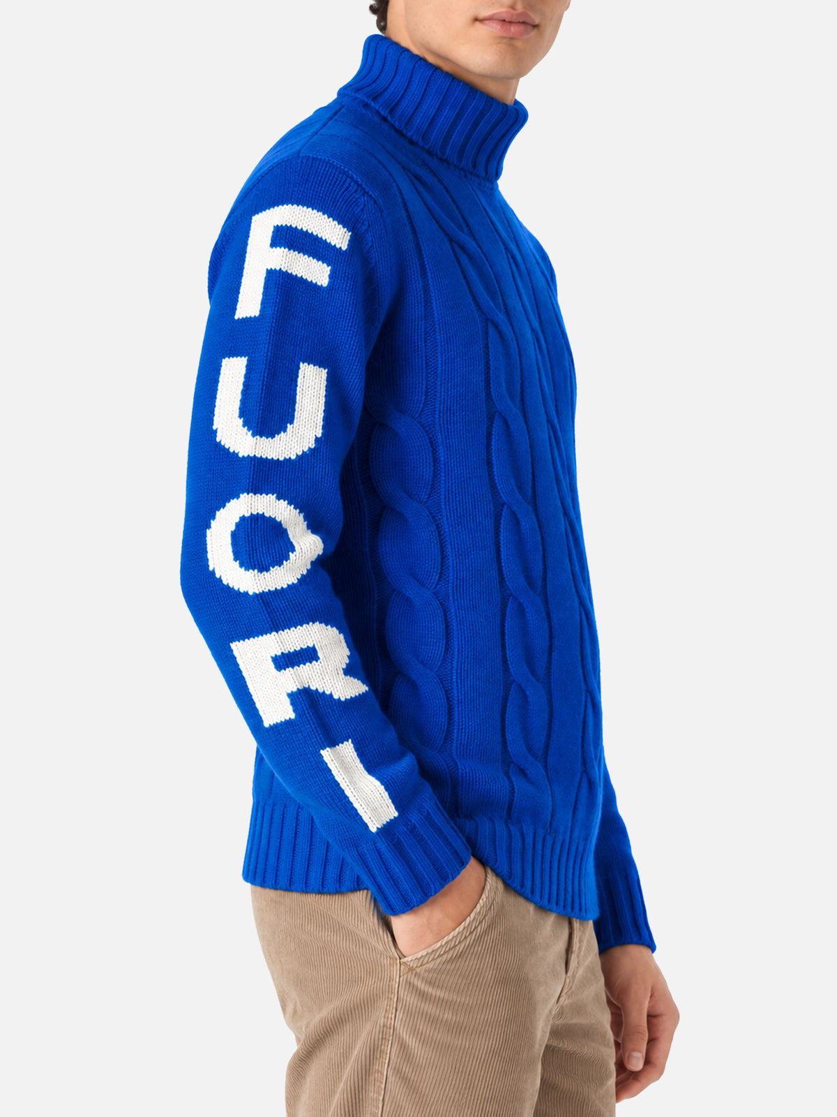 Jersey de cuello alto con punto trenzado estilo fisherman y jacquard Fuori pista azul 