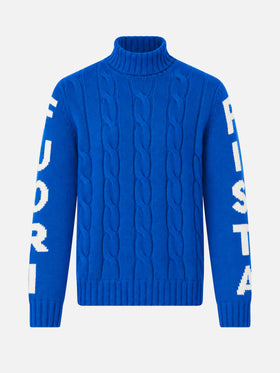 Jersey de cuello alto con punto trenzado estilo fisherman y jacquard Fuori pista azul 