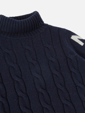 Marineblauer Zopfstrick-Rollkragenpullover Fisherman Jr mit Saint Moritz Jacquard