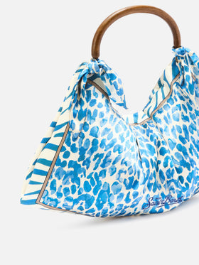 Tasche aus Seidenfoulard mit Holzgriff und Animal-Print 