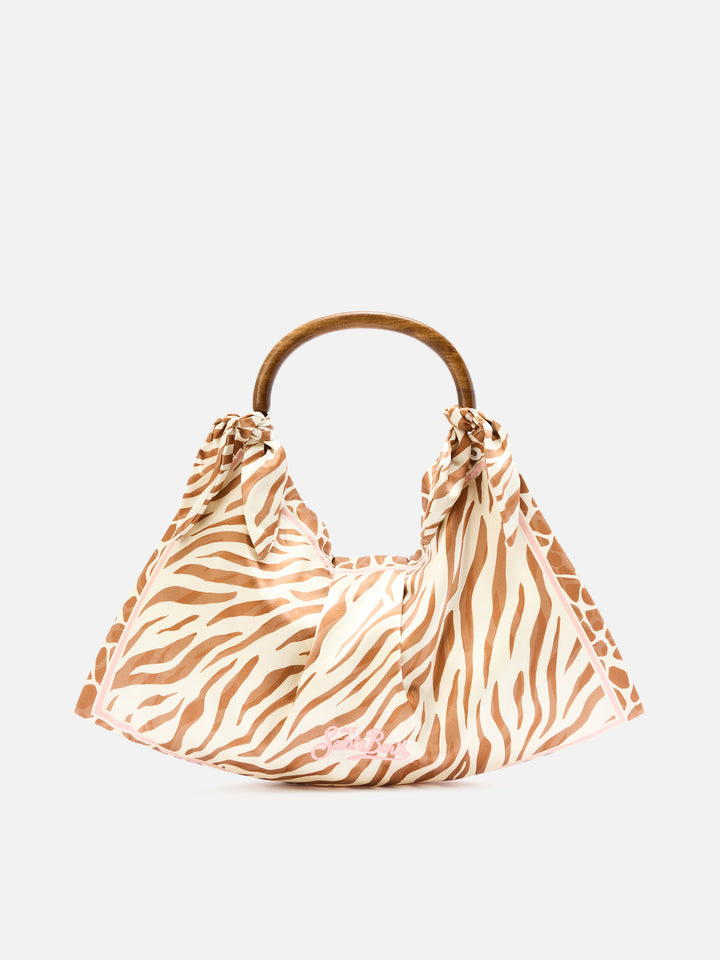 Foulard silk bag with wooden handle and animal print