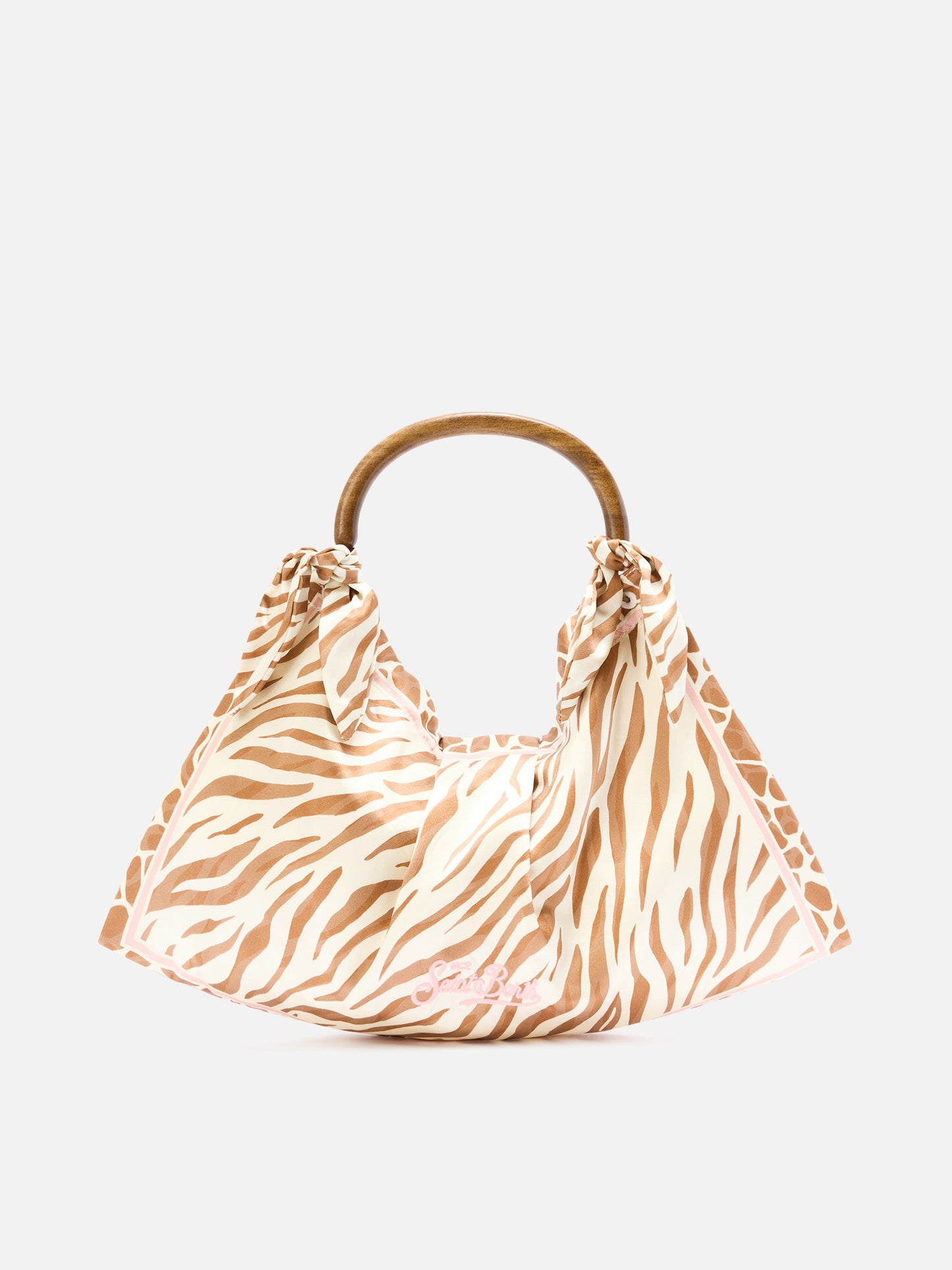 Foulard silk bag with wooden handle and animal print