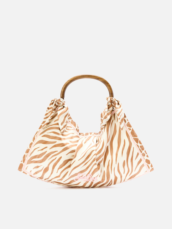 Foulard silk bag with wooden handle and animal print